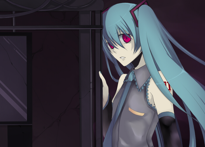 harano, hatsune miku, vocaloid, 1girl, aqua nails, aqua necktie, bare shoulders, detached sleeves, female focus, green hair, hair between eyes, long hair, looking at viewer, looking to the side, nail polish, necktie, parted lips, red eyes, sleeveless, solo, twintails, upper body