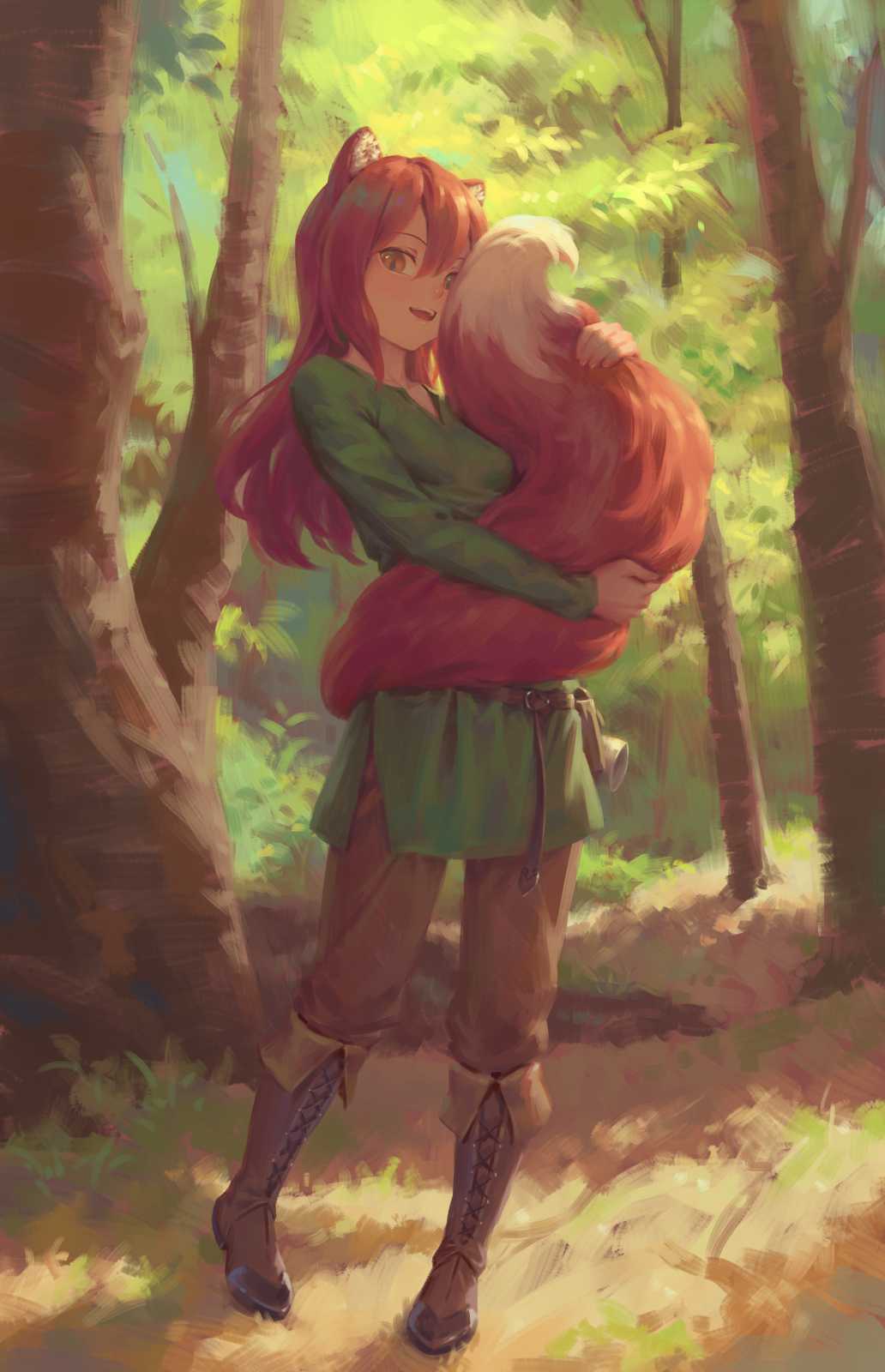 bigrbear, original, commission, highres, 1girl, animal ears, boots, breasts, brown boots, brown eyes, dress, forest, fox ears, fox tail, full body, green dress, long hair, long sleeves, looking at viewer, nature, open mouth, small breasts, smile, standing, tail