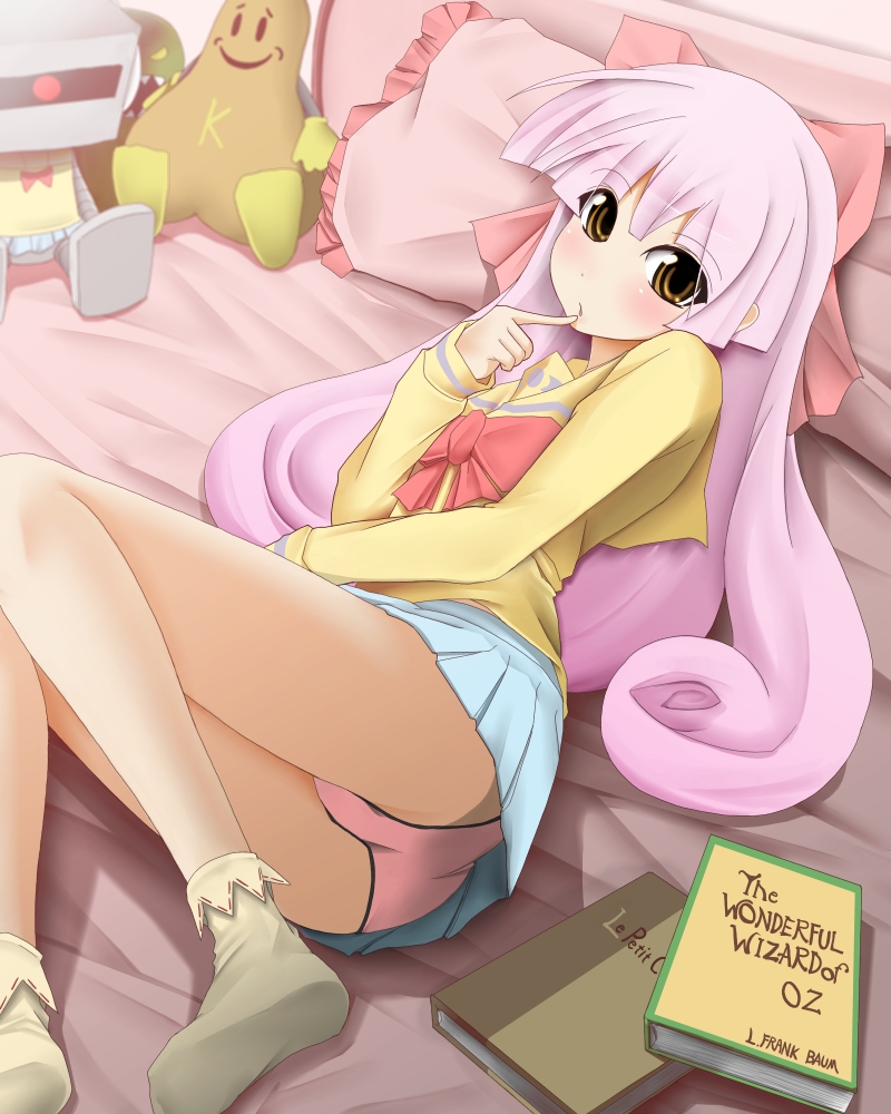 chemical-x, kashiwagi yuuna, pani poni dash!, bad id, bad pixiv id, 00s, 1girl, bed, book, character doll, doll, female focus, lying, panties, pantyshot, pink hair, school uniform, serafuku, socks, solo, underwear, white socks