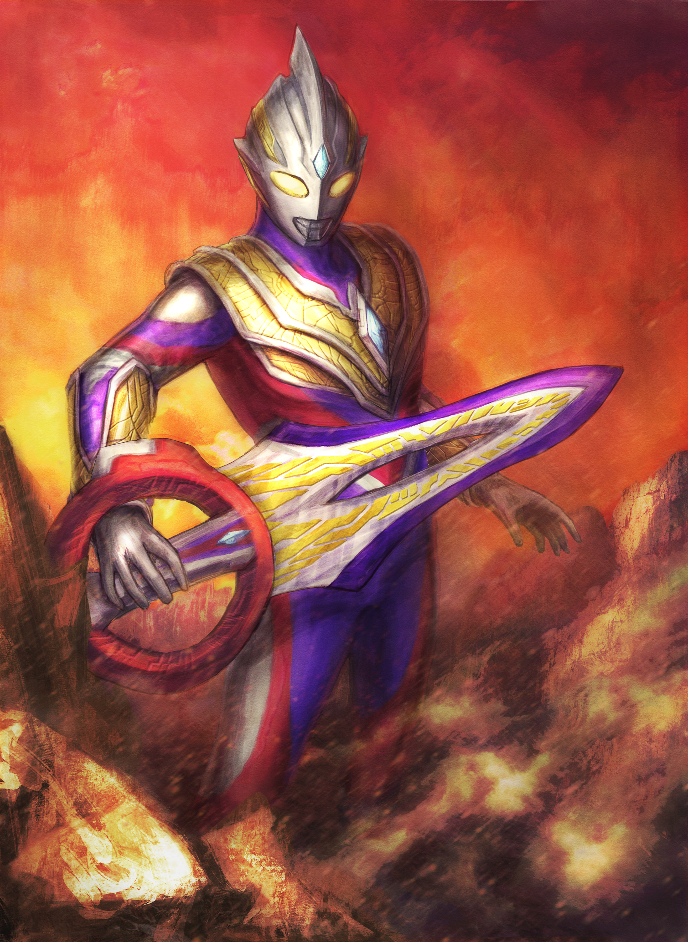 robuja, ultraman trigger, ultraman trigger (multi type), tsuburaya productions, ultra series, ultraman trigger (series), absurdres, commentary, highres, 1boy, alien, arm guards, armor, breastplate, canyon, circle arms, circle arms (multi sword), cliff, color timer, colored skin, compound eyes, crystal, dorsal fin, dust cloud, feet out of frame, forehead jewel, glowing, glowing eyes, gradient sky, holding, holding sword, holding weapon, looking down, male focus, multicolored skin, multicolored sky, orange sky, outdoors, pectorals, purple skin, red skin, silver skin, sky, solo, standing, sunset, sword, tokusatsu, toned, toned male, weapon, yellow eyes, yellow sky