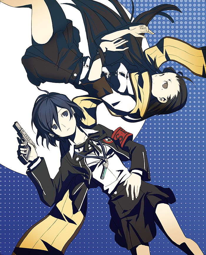 h2so4, mochizuki ryouji, yuuki makoto (persona 3), atlus, persona, persona 3, bad id, bad pixiv id, 2girls, armband, black hair, blue eyes, blue hair, digital media player, digital walkman, evoker, genderswap, genderswap (mtf), gun, long hair, lying, multiple girls, scarf, school uniform, serafuku, shared clothes, shared scarf, skirt, walkman nw-s203f, weapon