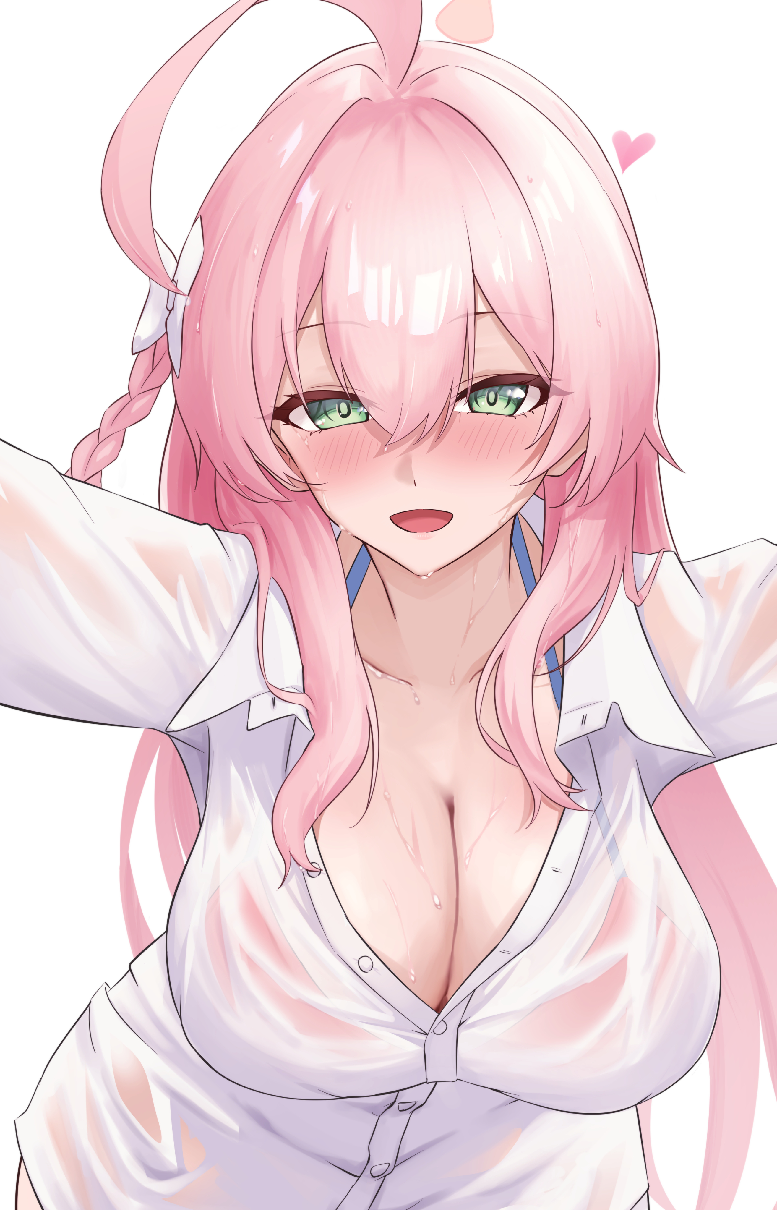 ilie ilie, hanako (blue archive), hanako (swimsuit) (blue archive), blue archive, absurdres, highres, 1girl, ahoge, bikini, bikini under clothes, blush, bow, braid, breasts, buttons, cleavage, collarbone, green eyes, hair bow, heart, large breasts, long hair, open mouth, pink hair, see-through clothes, shirt, swimsuit, wet, wet clothes, wet shirt, white background, white bow