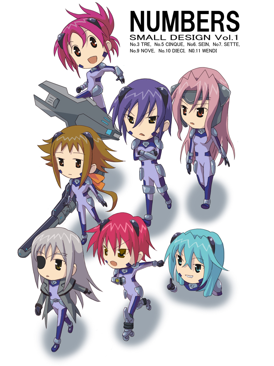 cinque (nanoha), dieci (nanoha), nove (nanoha), numbers (nanoha), sein (nanoha), sette (nanoha), tre (nanoha), wendi (nanoha), lyrical nanoha, mahou shoujo lyrical nanoha, mahou shoujo lyrical nanoha strikers, eyebrows, uniform, highres, 00s, 6+girls, :d, bodysuit, brown hair, chibi, eyepatch, hair between eyes, headband, headgear, long hair, multiple girls, open mouth, pink hair, purple hair, red eyes, red hair, sidelocks, simple background, skin tight, smile, twintails, very long hair, walking, white background