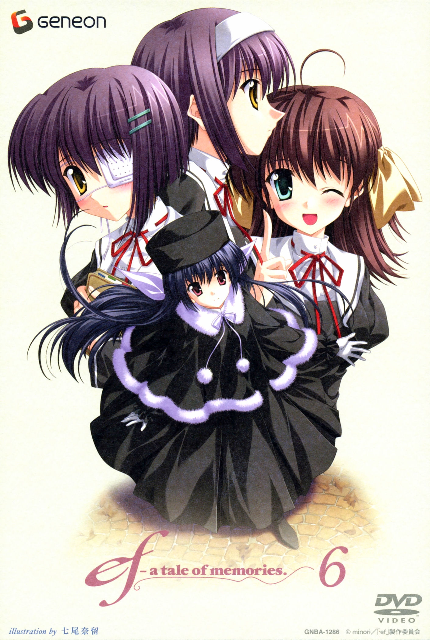 nanao naru, amamiya yuuko, miyamura miyako, shindou chihiro, shindou kei (ef), ef (visual novel), highres, scan, 00s, 4girls, ;d, ahoge, aqua eyes, blue hair, cover, dvd cover, eyepatch, hair ornament, hairband, hairclip, hat, long hair, multiple girls, one eye closed, open mouth, purple hair, red eyes, red hair, school uniform, serafuku, short hair, siblings, sisters, smile, twins, wink, yellow eyes