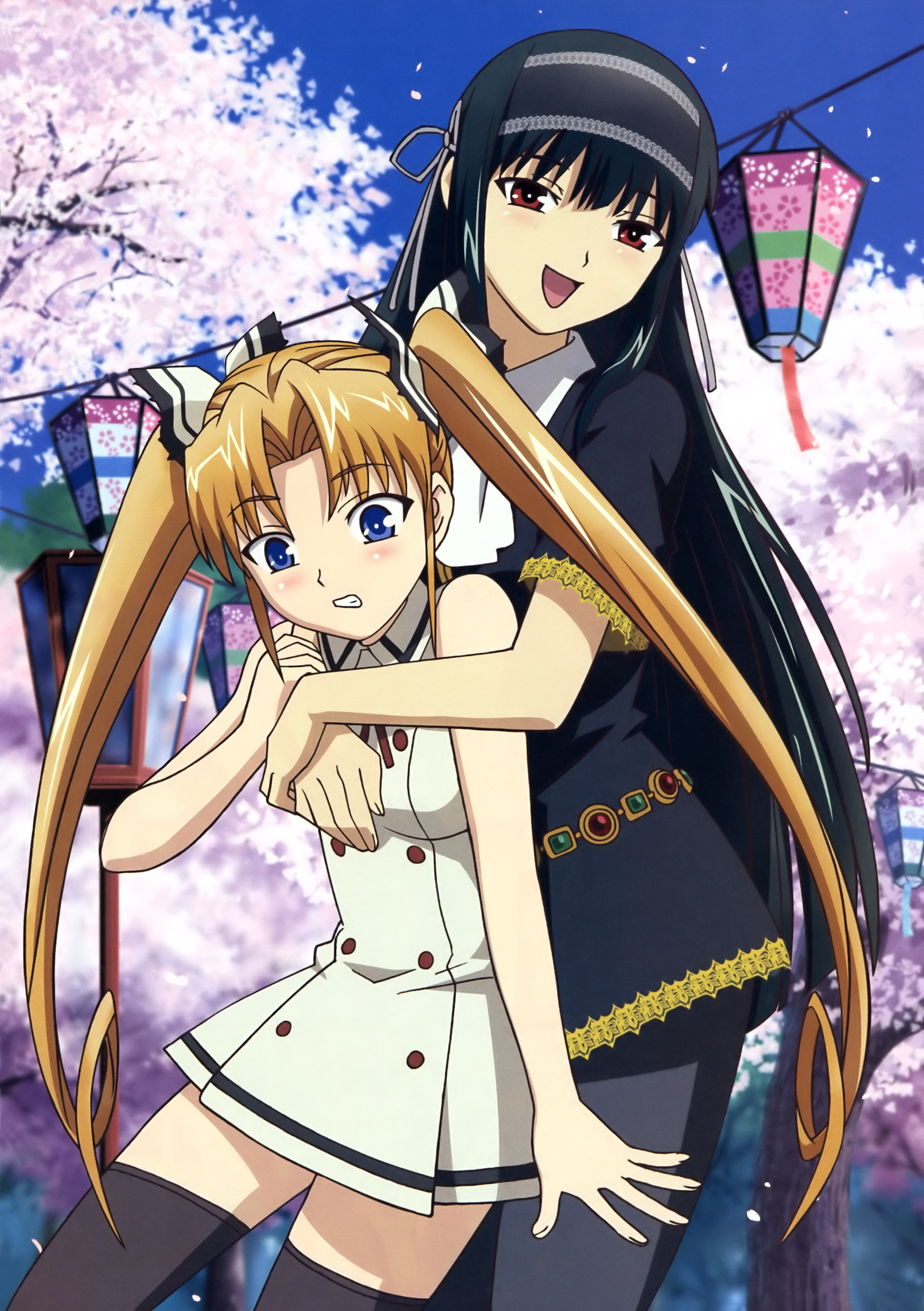 kuonji miyu, kuonji shinra, kimi ga aruji de shitsuji ga ore de, absurdres, highres, non-web source, 00s, 2girls, black hair, blonde hair, blue eyes, blush, breasts, cherry blossoms, dress, flower, grabbing another's breast, groping, hair ribbon, hairband, headband, long hair, medium breasts, multiple girls, pantyhose, red eyes, ribbon, smile, thighhighs, twintails, zettai ryouiki
