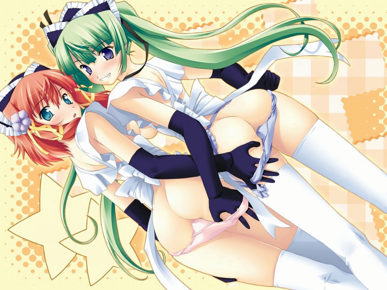tamahiyo, akizuki komari, homura yukine, emupii maid promotion master, ass grab, 2girls, :o, apron, aqua eyes, ass, blue eyes, blue panties, blush, breasts, dutch angle, elbow gloves, flower, garter belt, gloves, green eyes, green hair, grin, hair flower, hair ornament, long hair, looking back, medium breasts, multiple girls, naked apron, panties, panty pull, pink panties, red hair, ribbon, short hair, sideboob, smile, take your pick, thighhighs, twintails, underwear, very long hair, white thighhighs