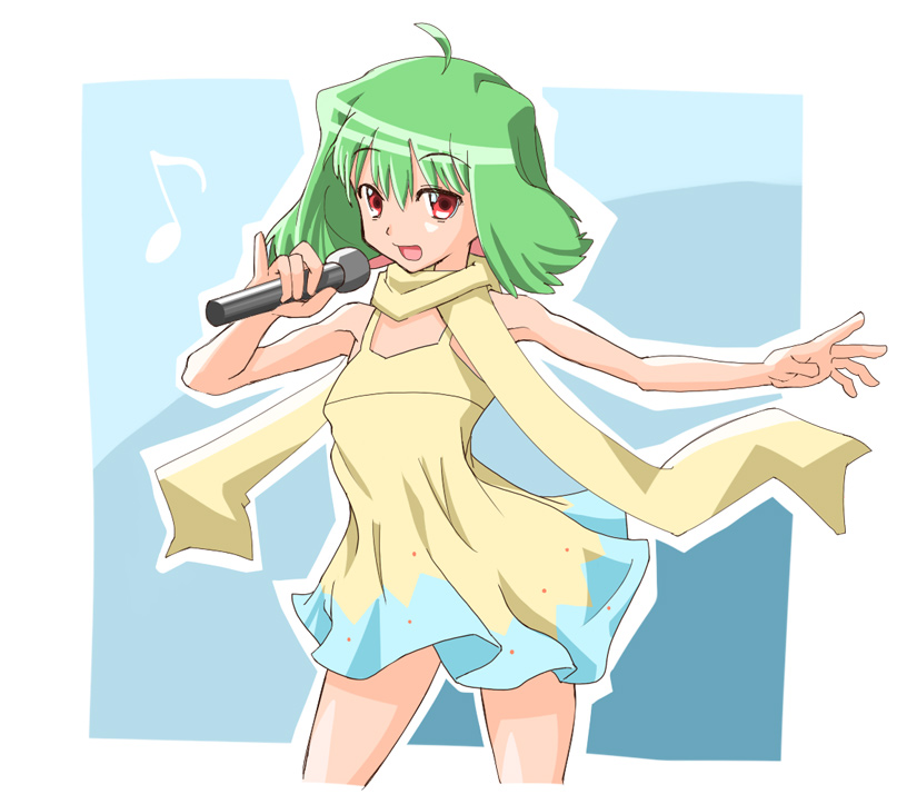 sixtwig, ranka lee, macross, macross frontier, 00s, ahoge, dress, green hair, microphone, music, red eyes, scarf, singing, solo