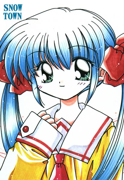 nanase rumi, one – kagayaku kisetsu e, tagme, 00s, blue hair, school uniform, serafuku, solo, twintails, white background