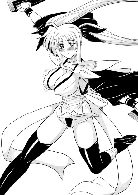 mutsuya, fate testarossa, lyrical nanoha, mahou shoujo lyrical nanoha, mahou shoujo lyrical nanoha strikers, samurai spirits, 1girl, blush, breasts, butterfly swords, cleavage, cosplay, female focus, greyscale, holding, holding weapon, huge breasts, iroha (cosplay), iroha (samurai spirits) (cosplay), monochrome, solo, thighhighs, weapon