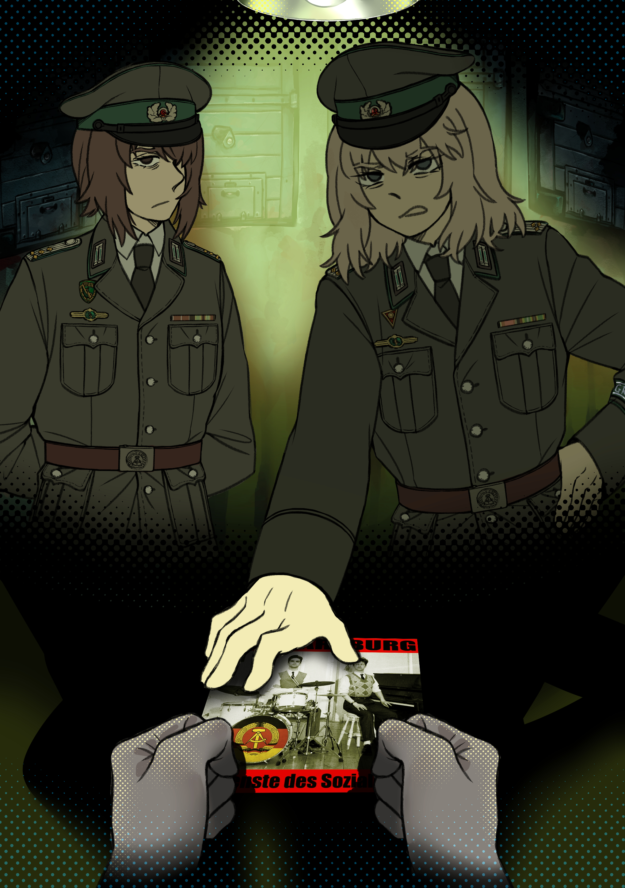 useless centipde, itsumi erika, nishizumi maho, girls und panzer, 1other, 2girls, album cover, badge, black neckerchief, clenched hand, cover, east germany, epaulettes, frown, german text, grey jacket, hand on table, hands on table, hat, ifa warburg, interrogation, jacket, lamp, military dress uniform, military uniform, multiple girls, neckerchief, peaked cap, shirt, vignetting, white shirt