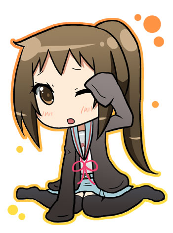 junako, kyonko, suzumiya haruhi no yuuutsu, gender request, lowres, 00s, 1girl, cardigan, chibi, female focus, genderswap, kneeling, one eye closed, outline, ponytail, school uniform, serafuku, solo, thighhighs, wink