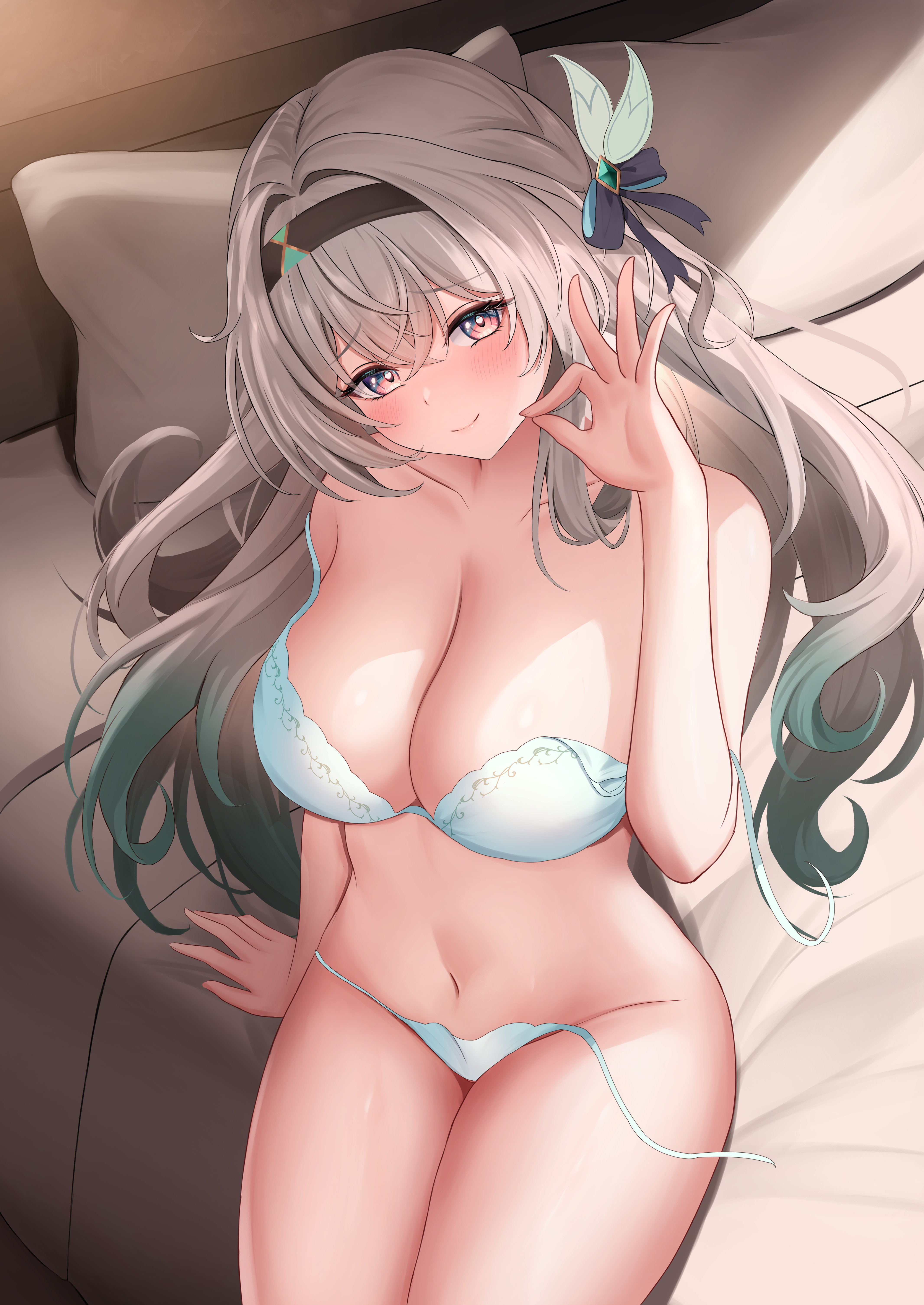 shouhaku0512, firefly (honkai: star rail), honkai: star rail, honkai (series), absurdres, commentary request, highres, 1girl, aqua bra, aqua hair, aqua panties, black hairband, blush, bra, breasts, cleavage, closed mouth, double strap slip, gradient hair, grey hair, hairband, hand up, large breasts, long hair, looking at viewer, multicolored hair, navel, ok sign, on bed, panties, side-tie panties, sitting, smile, solo, stomach, underwear, untied panties, very long hair
