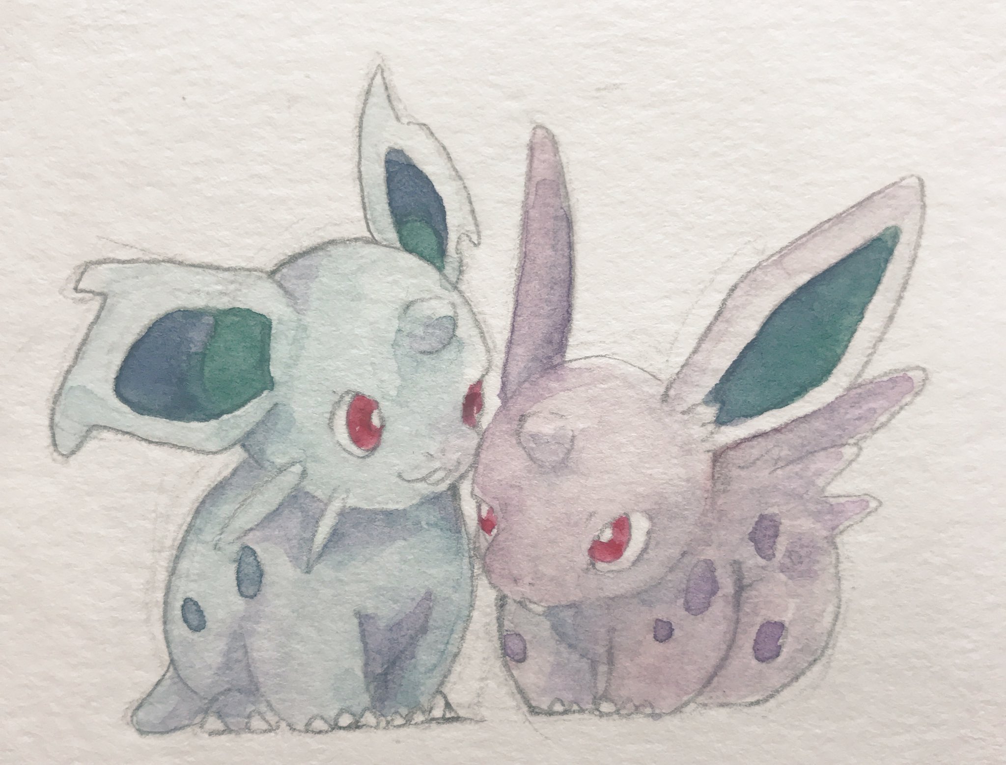 mint nappa, nidoran, nidoran (female), nidoran (male), nintendo, pokemon, commentary request, highres, 2boys, animal focus, claws, closed mouth, full body, gen 1 pokemon, looking at another, multiple boys, no humans, nostrils, pokemon (creature), red eyes, simple background, solo