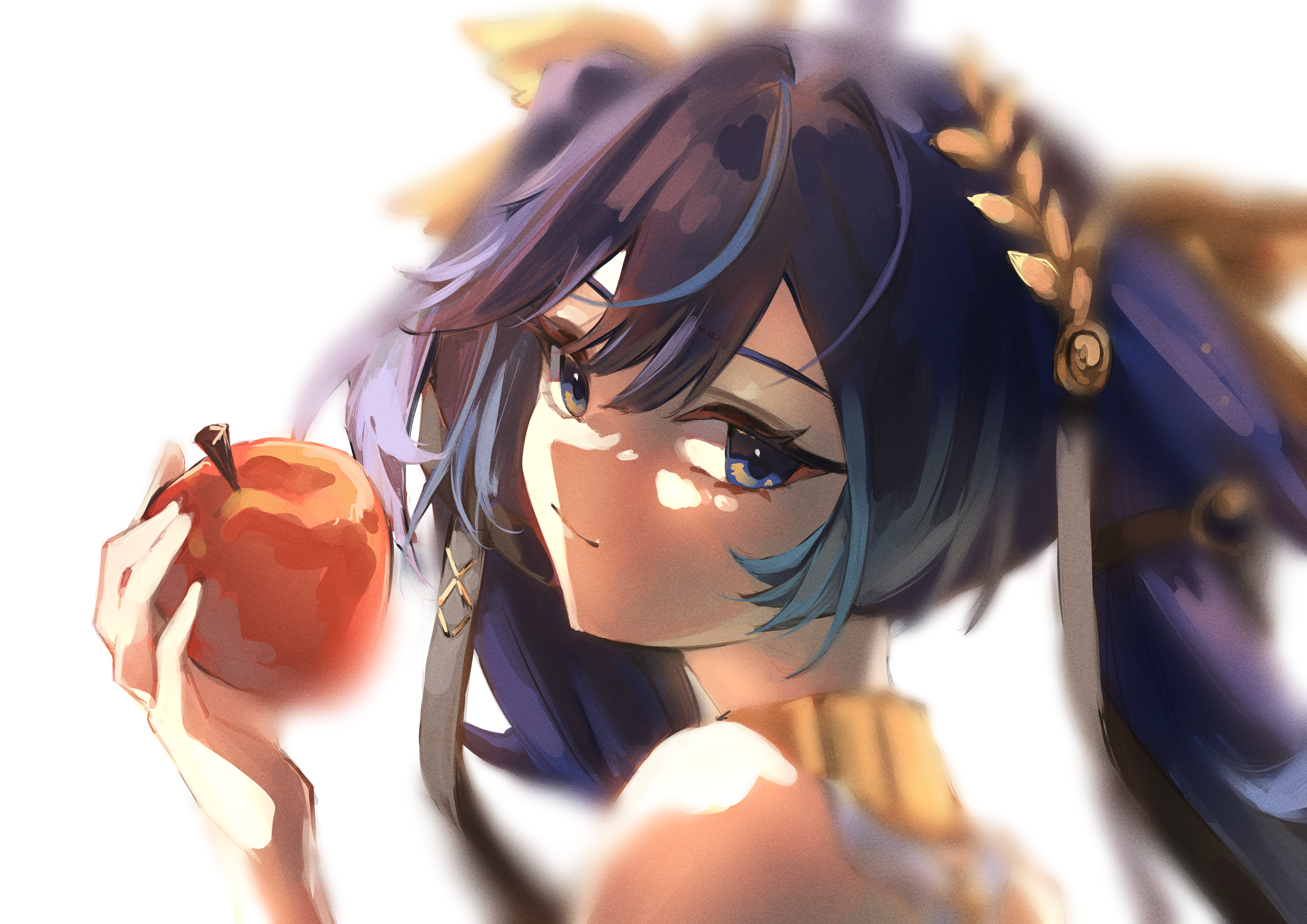 sie (sieb658 s), iuno (wuthering waves), wuthering waves, absurdres, commentary, highres, 1girl, apple, blue hair, closed mouth, food, from behind, fruit, hair belt, hair between eyes, hand up, head wreath, holding, holding food, holding fruit, long hair, looking at viewer, looking back, portrait, simple background, smile, solo, white background
