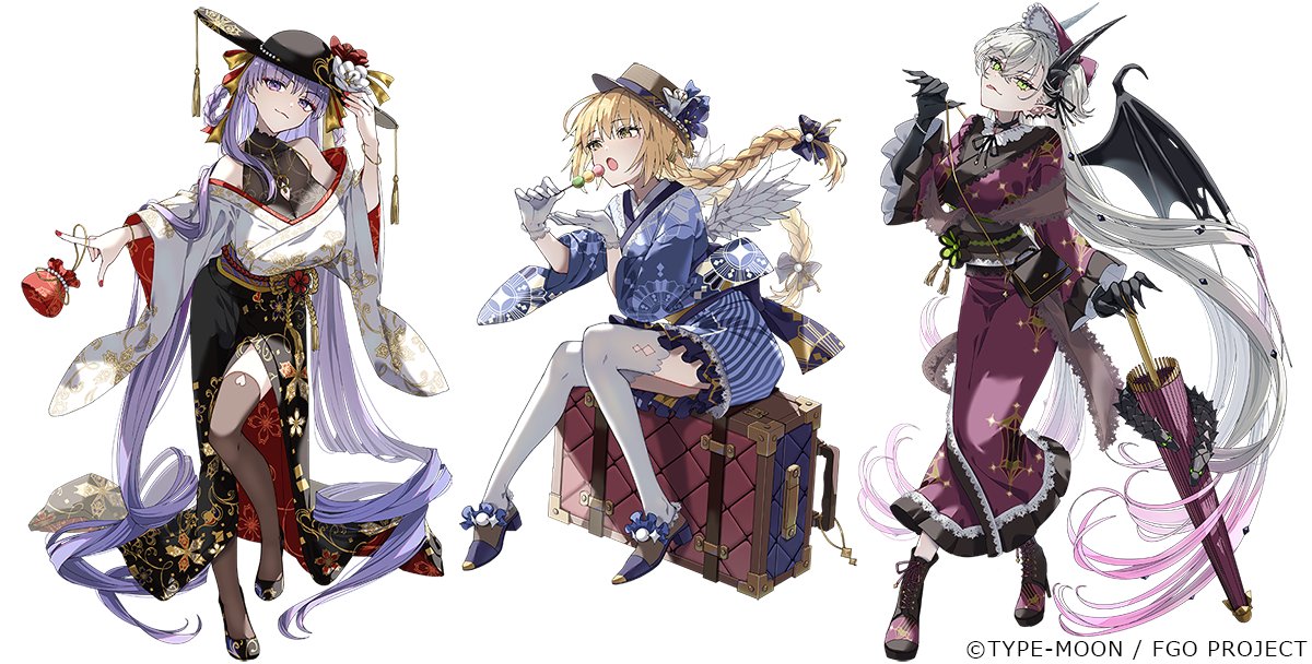carimarica, bb (fate), bb dubai (fate), jeanne d'arc (fate), lilith (fate), metatron jeanne (fate), fate/grand order, fate (series), official art, 3girls, bat wings, black hat, black leggings, blonde hair, braid, braided ponytail, breasts, dango, demon horns, dress, food, gloves, gradient hair, green eyes, hat, holding, holding umbrella, horns, japanese clothes, large breasts, leggings, long hair, multicolored hair, multiple girls, pink hair, purple eyes, purple hair, suitcase, umbrella, very long hair, wagashi, white gloves, white hair, white leggings, wings, yellow eyes