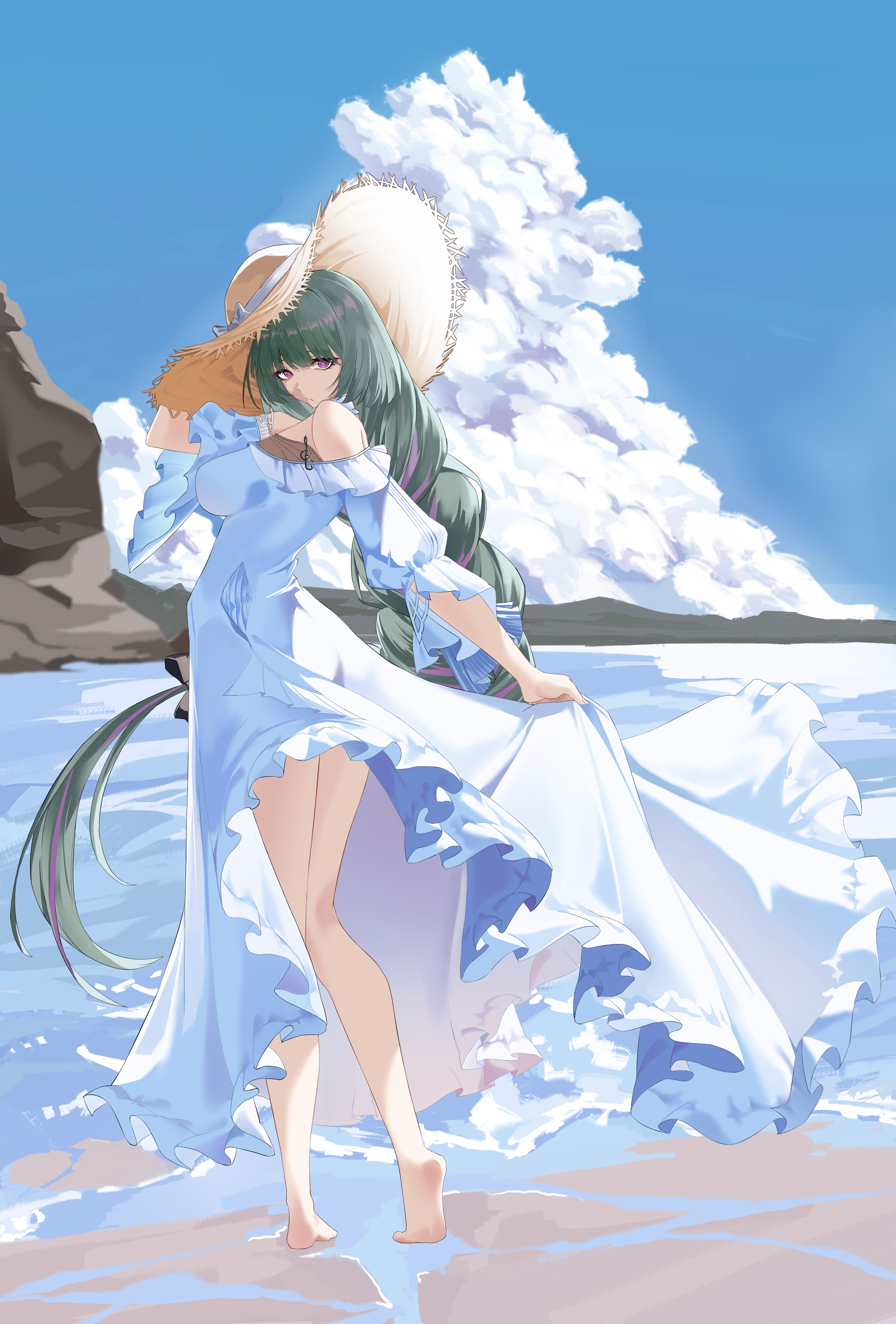 z531525600, phrolova (wuthering waves), wuthering waves, absurdres, commentary request, highres, partial commentary, 1girl, bare legs, bare shoulders, barefoot, blue sky, breasts, cloud, day, dress, grey hair, hat, legs, long dress, long hair, looking at viewer, low-braided long hair, low-tied long hair, medium breasts, multicolored hair, musical note ornament, ocean, outdoors, purple eyes, shore, sky, solo, straw hat, streaked hair, very long hair, white dress