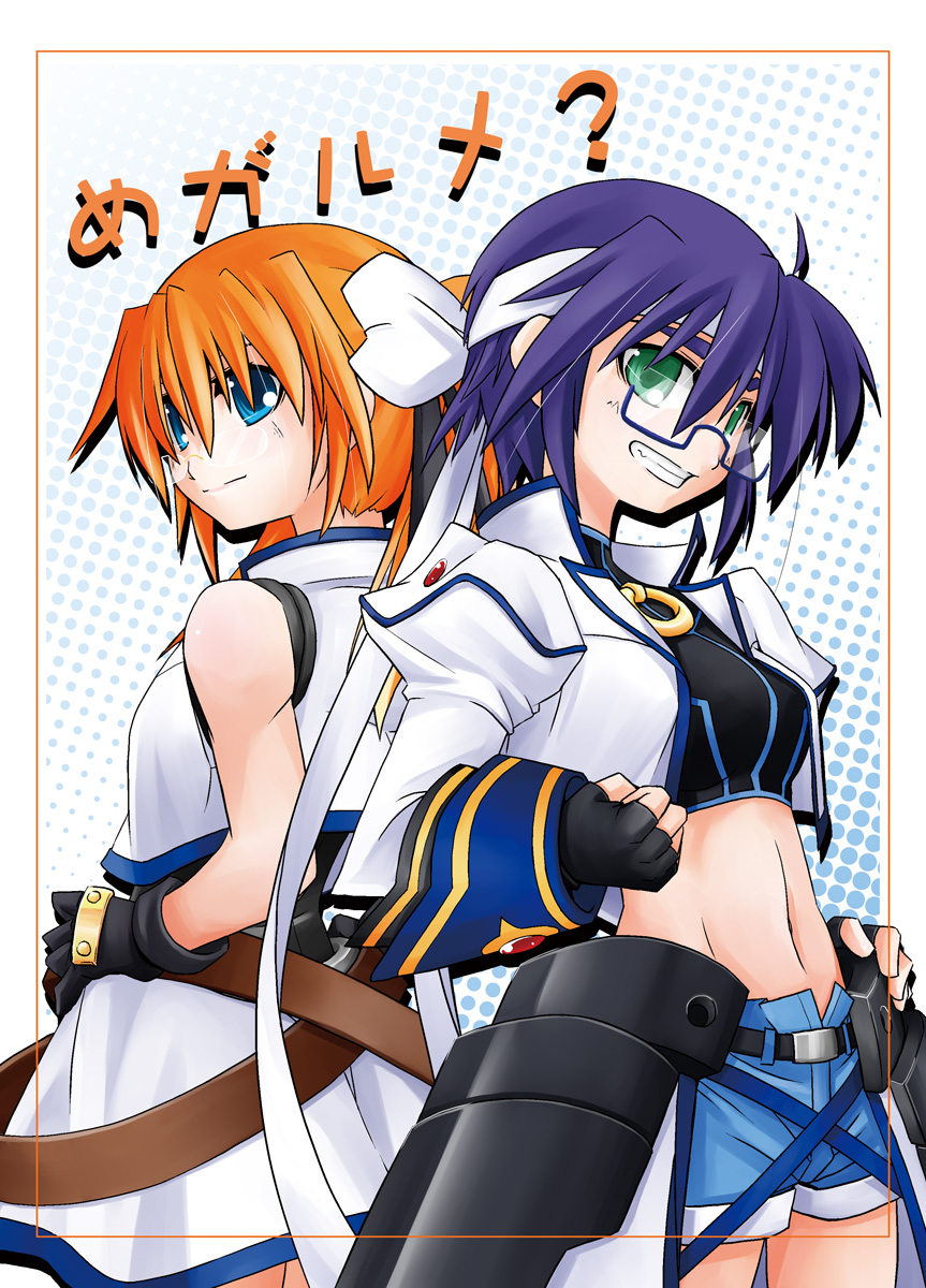 u-ka, yu lulu (uka), subaru nakajima, teana lanster, lyrical nanoha, mahou shoujo lyrical nanoha, mahou shoujo lyrical nanoha strikers, highres, 00s, blue eyes, glasses, gloves, green eyes, headband, midriff, orange hair, purple hair, short hair, twintails