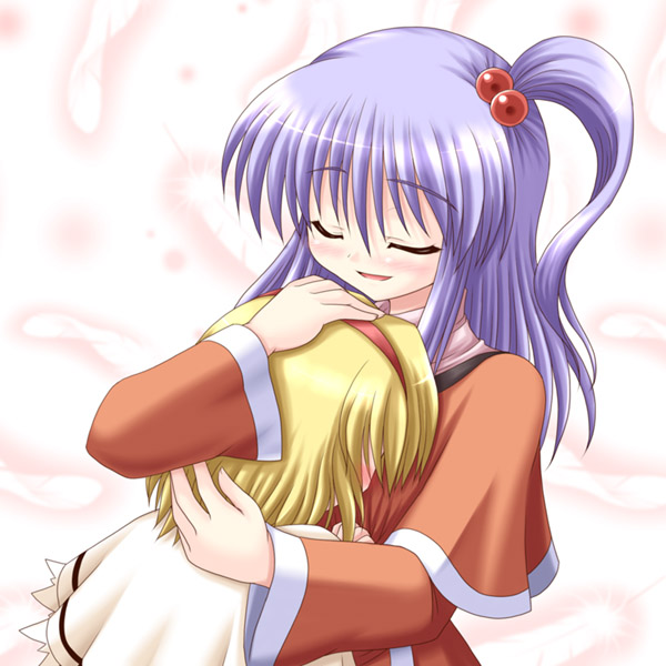 bococho, alice margatroid, shinki (touhou), mystic square, touhou, touhou (pc-98), 2girls, blonde hair, blush, closed eyes, female focus, hairband, hand on another's head, hug, multiple girls, purple hair, side ponytail