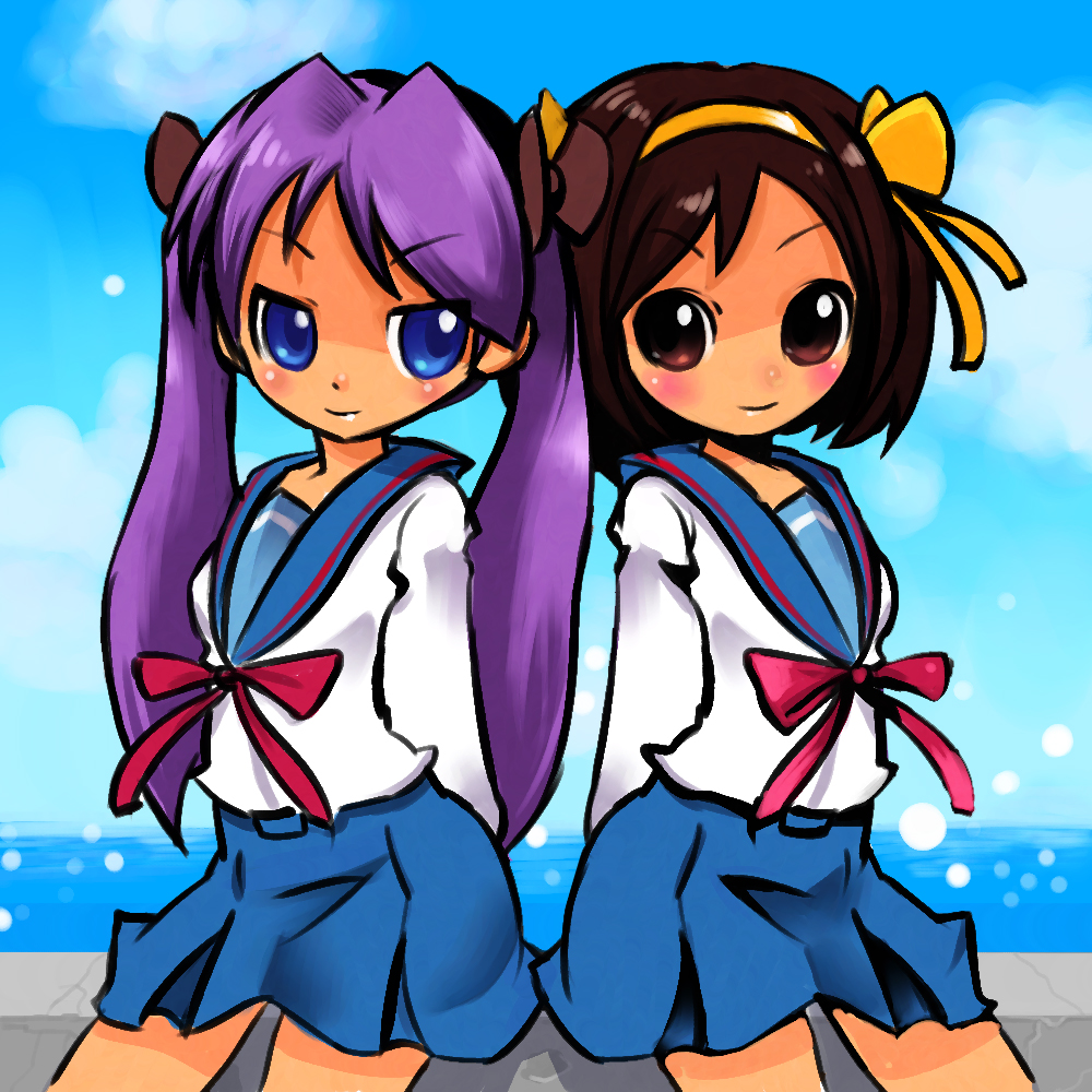 okera, hiiragi kagami, suzumiya haruhi, lucky star, suzumiya haruhi no yuuutsu, back-to-back, blue eyes, brown eyes, brown hair, cosplay, crossover, hairband, purple hair, school uniform, serafuku, twintails