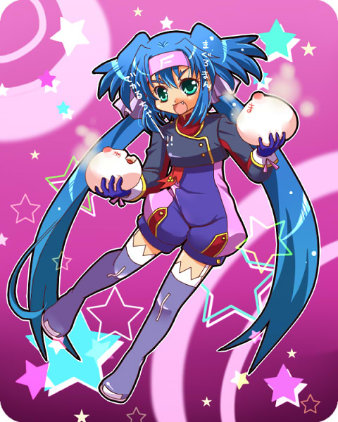 soraneko (artist), klan klein, meltrandi, zentradi, macross, macross frontier, bad id, bad pixiv id, 00s, 1girl, blue hair, boots, child, fang, female focus, food, green eyes, headband, long hair, solo, steamed bun, thigh boots, thighhighs, twintails