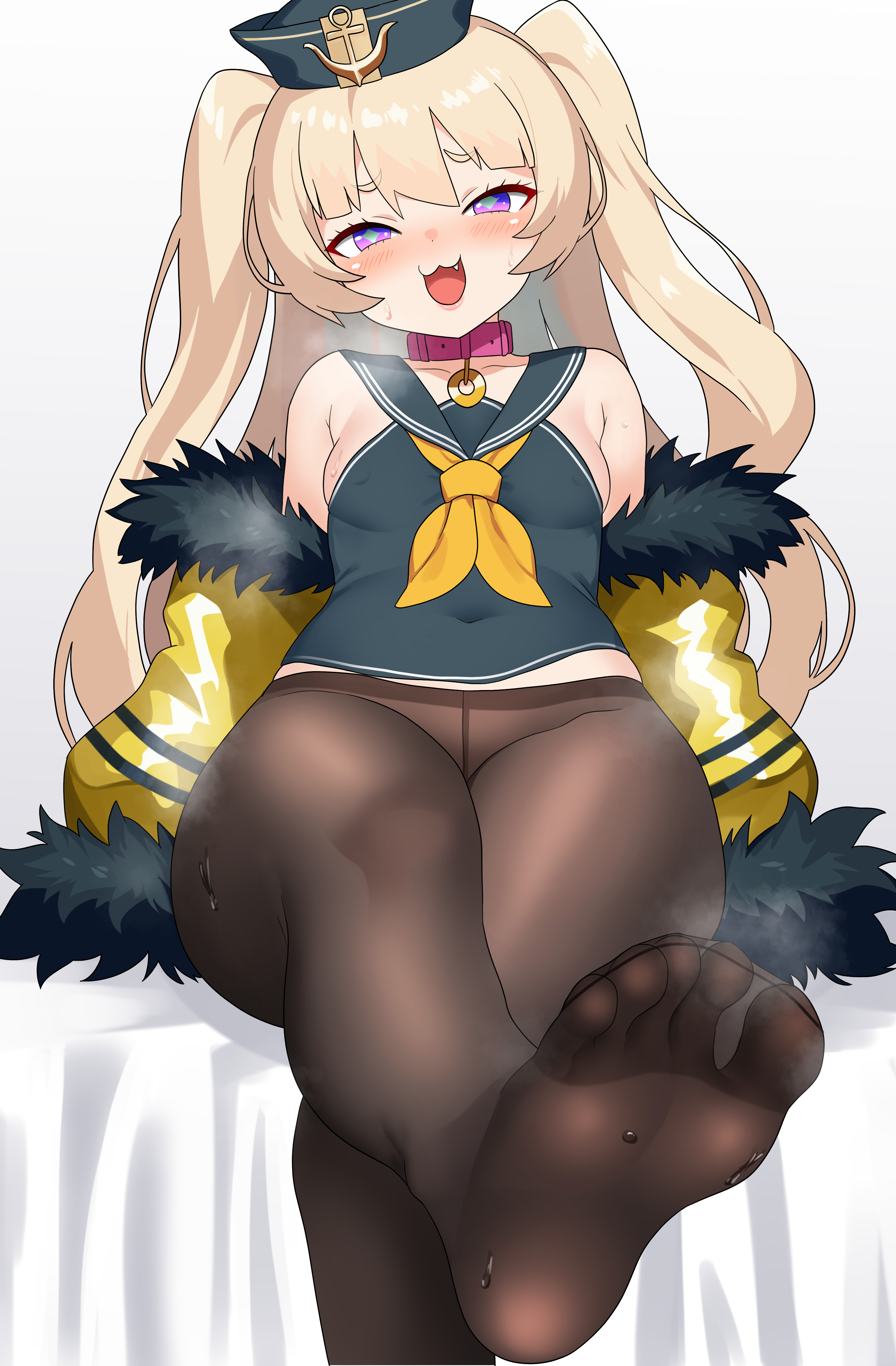 igarashi gozo, bache (azur lane), azur lane, absurdres, commentary, highres, 1girl, :3, black hat, black shirt, blonde hair, blush, breasts, collar, covered erect nipples, covered navel, crossed legs, fang, feet, foot focus, fur-trimmed jacket, fur trim, half-closed eyes, hat, jacket, looking at viewer, mesugaki, neckerchief, no shoes, open clothes, open jacket, open mouth, pantyhose, pink collar, purple eyes, sailor hat, shirt, sitting, sleeveless, sleeveless shirt, small breasts, smug, soles, solo, sweat, toes, twintails, yellow jacket, yellow neckerchief