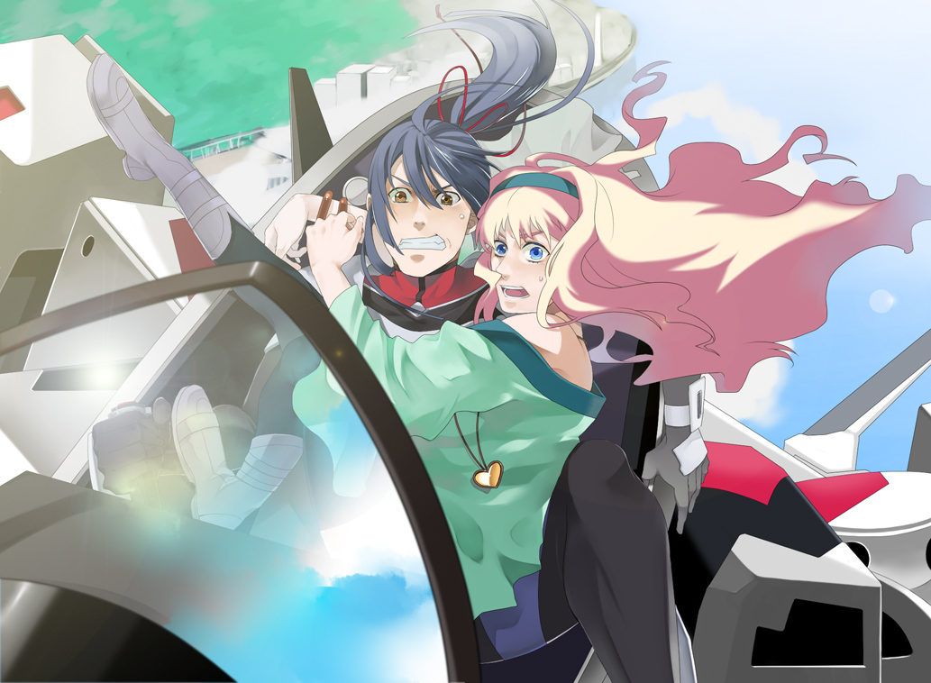 ishida shouji, saotome alto, sheryl nome, macross, macross frontier, 00s, 1boy, 1girl, bare shoulders, blue eyes, cockpit, hairband, jewelry, open cockpit, outdoors, pendant