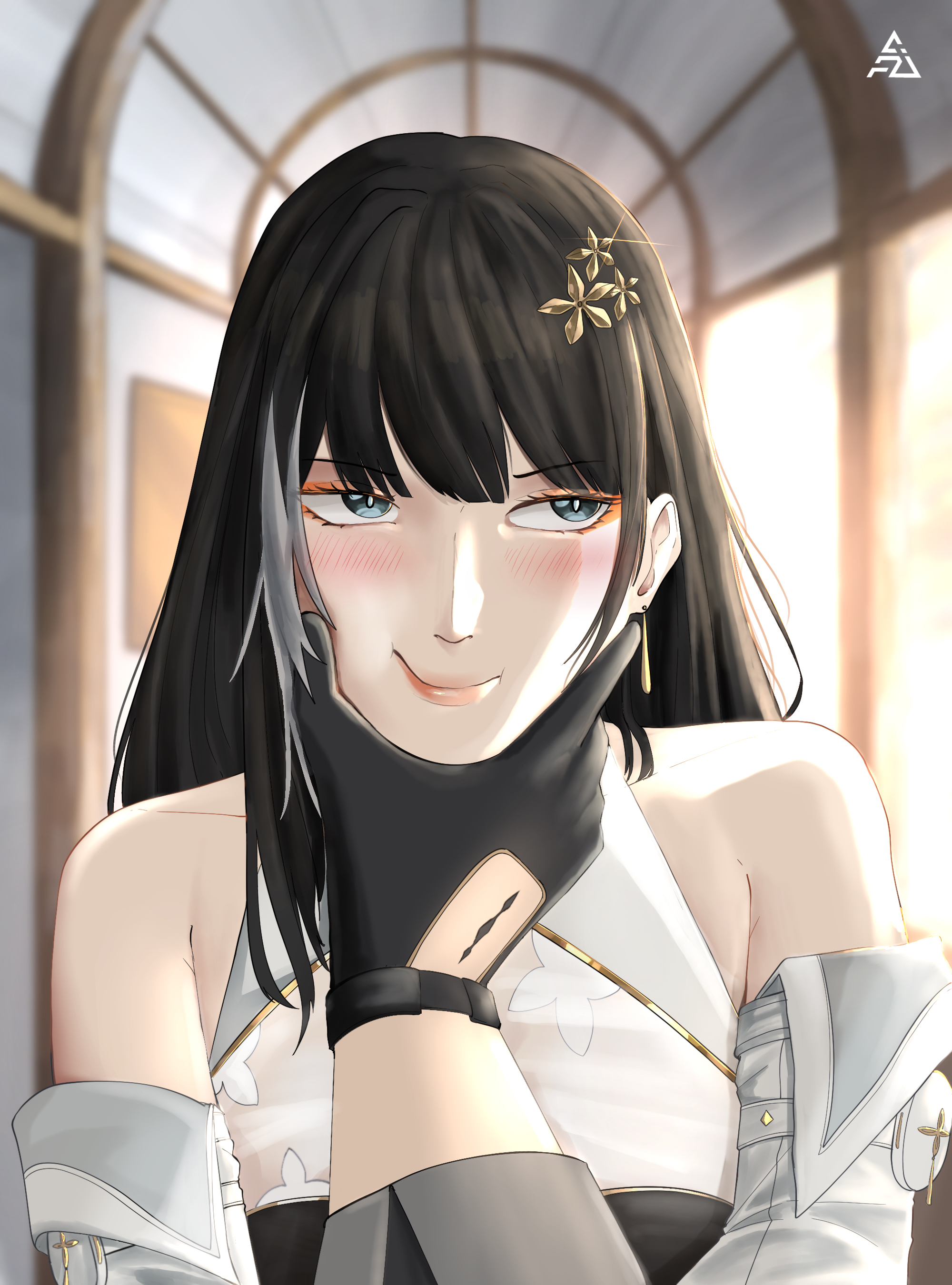 baizhi (wuthering waves), male rover (wuthering waves), rover (wuthering waves), wuthering waves, absurdres, highres, 1boy, 1girl, aziro, bare shoulders, black dress, black gloves, black hair, blush, breasts, closed mouth, dress, earrings, flower, gloves, grabbing another's face, green eyes, hair flower, hair ornament, hand up, head grab, jewelry, lipstick, long hair, makeup, see-through clothes, sidelocks, tacet mark (wuthering waves), upper body, white background, white sleeves, yellow flower