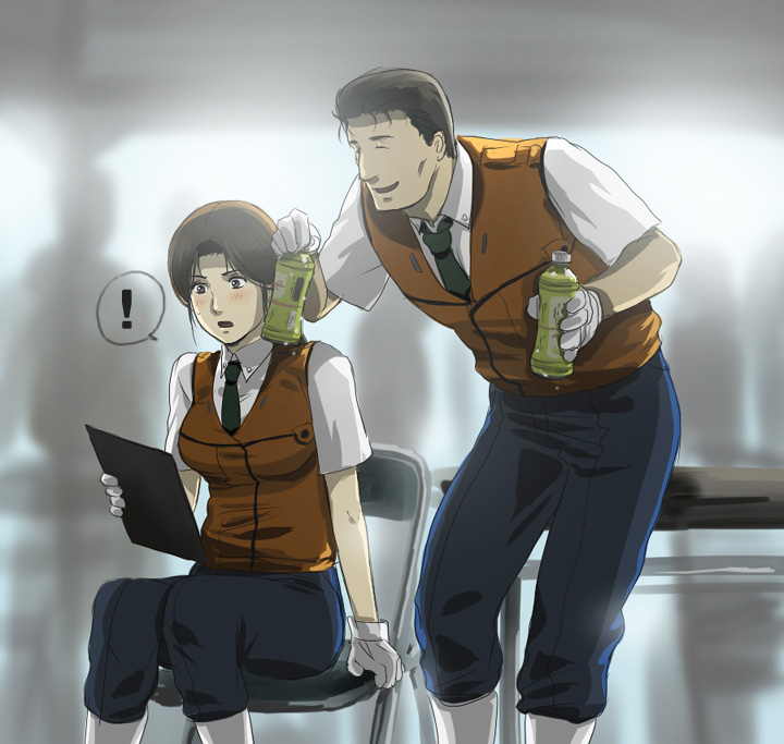 mizuhara aki, goto kiichi, gotou kiichi, nagumo shinobu, kidou keisatsu patlabor, uniform, !, 1boy, 1girl, blush, gloves, necktie, police, speech bubble, surprised, vest