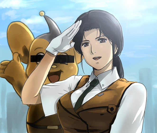 mizuhara aki, nagumo shinobu, kidou keisatsu patlabor, uniform, 1girl, brown hair, censored, censored identity, day, female focus, gloves, mascot, necktie, police, ponytail, salute, sky, smile, solo, upper body, vest