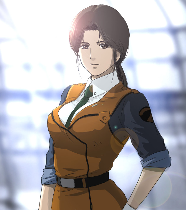 mizuhara aki, nagumo shinobu, kidou keisatsu patlabor, 1girl, belt, breasts, brown eyes, brown hair, female focus, large breasts, necktie, police, ponytail, sleeves rolled up, solo, upper body, vest