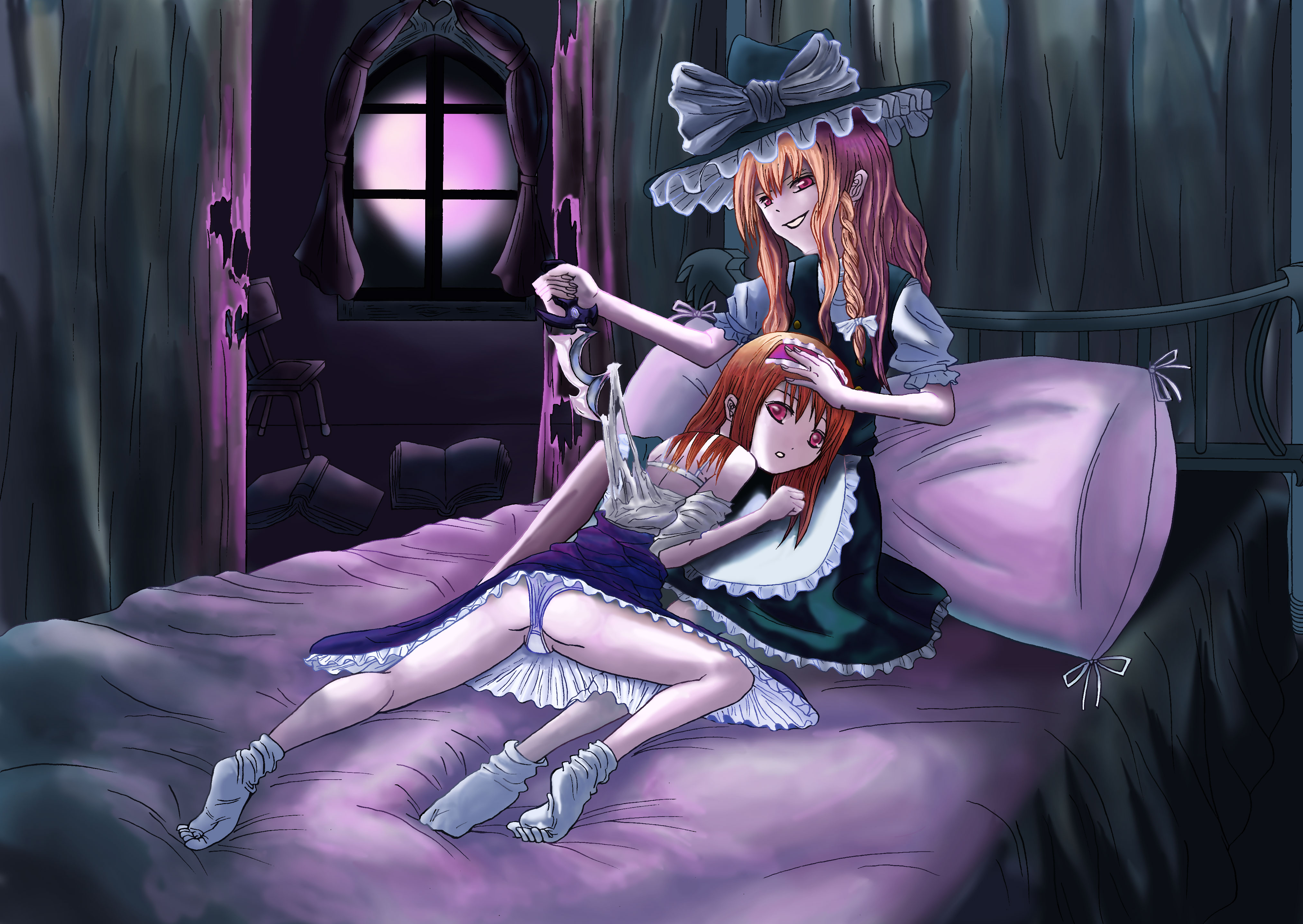 starfang, alice margatroid, kirisame marisa, touhou, absurdres, bad id, bad pixiv id, highres, 2girls, bad anatomy, blonde hair, female focus, hat, knife, long hair, multiple girls, panties, poorly drawn, short hair, underwear, yandere, yuri