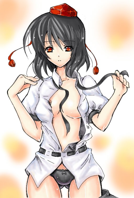 piromizu, shameimaru aya, touhou, untied, 1girl, belt, black hair, black panties, body blush, breasts, clothes pull, female focus, frown, hat, hip focus, looking at viewer, no bra, nude, open clothes, open shirt, orange eyes, panties, red eyes, ribbon, shiny skin, shirt, short hair, skirt, skirt pull, solo, standing, straight hair, thigh gap, tokin hat, underwear, undressing