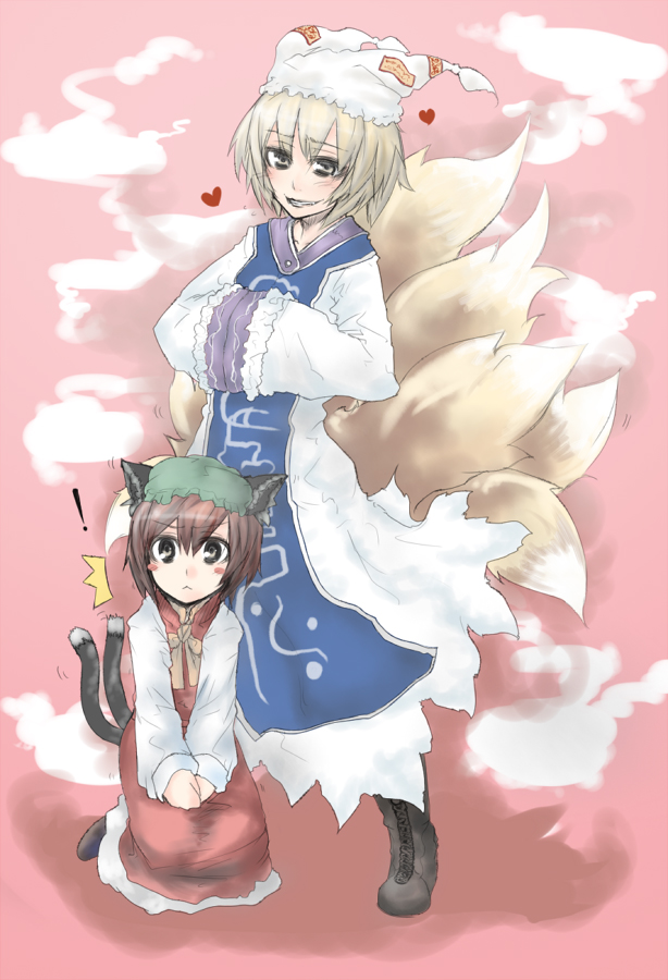 sigama, chen, yakumo ran, touhou, bad id, bad pixiv id, 2girls, :<, animal ears, animal hat, blonde hair, cat ears, cat girl, cat tail, earrings, female focus, fox ears, fox tail, hands in opposite sleeves, hat, jewelry, long sleeves, mob cap, multiple girls, multiple tails, pink background, short hair, tail, tassel, wide sleeves