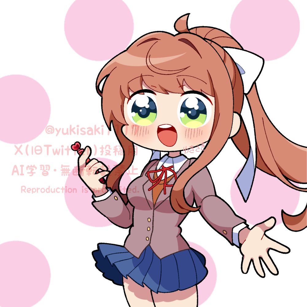 yukisaki1117, monika (doki doki literature club), doki doki literature club, 1girl, blazer, green eyes, hair ribbon, happy, jacket, looking at viewer, open hand, open mouth, pen, ponytail, ribbon, skirt