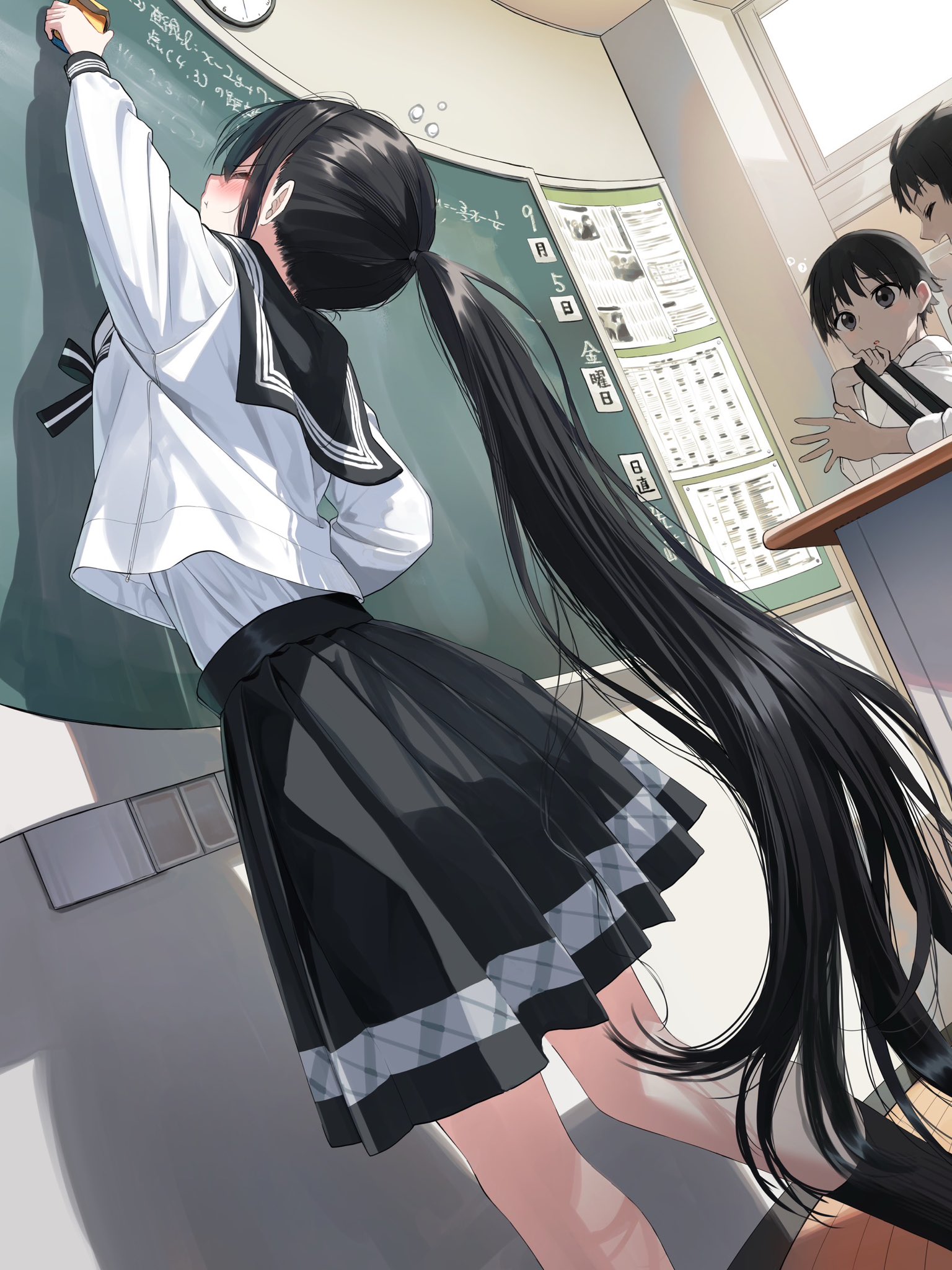 pentagon (railgun ky1206), original, commentary request, highres, 1girl, 2boys, black hair, black sailor collar, black skirt, black socks, blush, board eraser, chalkboard, classroom, closed eyes, closed mouth, grey eyes, holding, indoors, long hair, long sleeves, multiple boys, pleated skirt, ponytail, sailor collar, school uniform, serafuku, shirt, short hair, skirt, socks, stretching, tsurugi saya, very long hair, white shirt