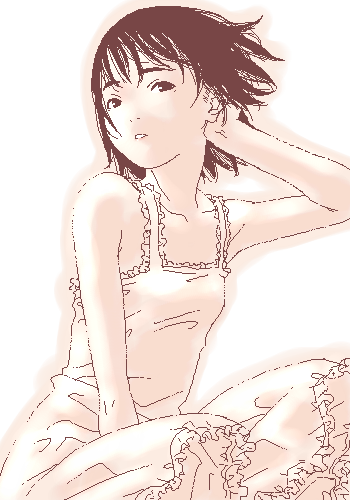 gusu, copyright request, lowres, 1girl, female focus, hand on own head, monochrome, oekaki, pink theme, sepia, solo