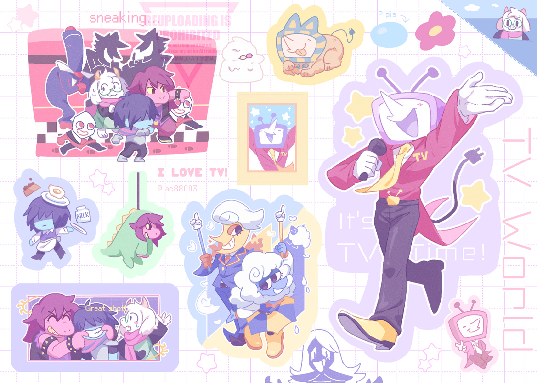 akasaka (qv92612), ant tenna, ant tenna (sphinx), elnina (deltarune), kris (dark world) (deltarune), kris (deltarune), lanino (deltarune), ralsei, rouxls kaard, spamton g. spamton, susie (dark world) (deltarune), susie (deltarune), susiezilla, deltarune, utdr (toby fox), 2girls, 6+boys, ^ ^, black pants, blue hair, cable, cable tail, closed eyes, footprints, full body, grid background, grin, holding, holding microphone, holding pointer, jacket, long nose, mechanical tail, microphone, multiple boys, multiple girls, multiple views, necktie, no eyes, object head, open mouth, outstretched arm, pants, pipis (deltarune), pippins (deltarune), pointer, pointy nose, purple hair, red jacket, shadowguy (deltarune), shoes, short hair, smile, standing, star (symbol), tail, television, watermark, yellow necktie, yellow shoes, zapper (deltarune)