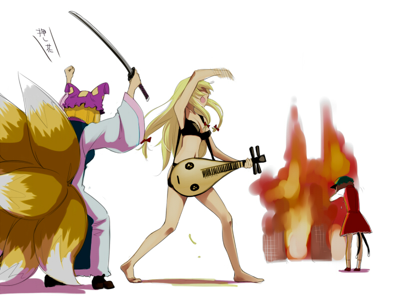 yurikawa, chen, yakumo ran, yakumo yukari, the sims, touhou, 3girls, animal ears, animal hat, barefoot, biwa lute, blonde hair, bra, female focus, fire, hat, instrument, katana, kitsune, kyuubi, lingerie, long sleeves, lute (instrument), mob cap, multiple girls, multiple tails, pee, peeing, short hair, sword, tail, underwear, weapon, what, white background, wide sleeves