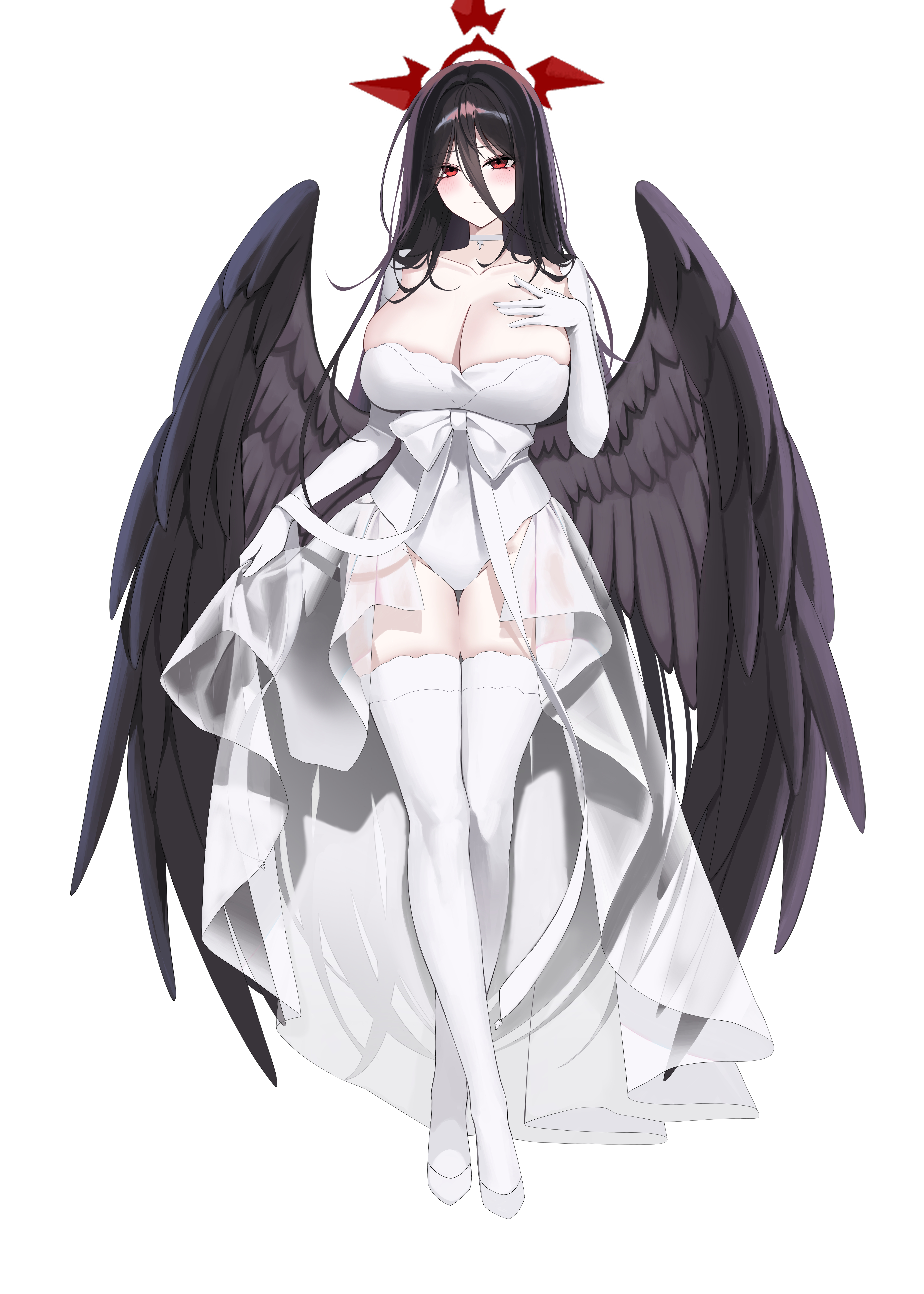 kirat kr, hasumi (blue archive), blue archive, absurdres, commentary, highres, 1girl, black hair, black wings, blush, bow, breasts, choker, cleavage, closed mouth, collarbone, covered navel, feathered wings, full body, gloves, hair between eyes, halo, hand on own chest, large breasts, long hair, looking at viewer, red eyes, red halo, shoes, solo, standing, thighhighs, very long hair, white bow, white choker, white gloves, white shoes, white thighhighs, wings
