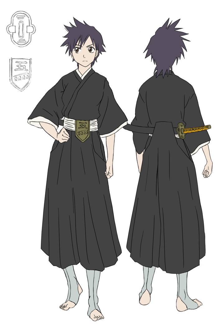 comfycushion87, arisawa tatsuki, bleach, bad deviantart id, bad id, concept art, 00s, 1girl, alternate universe, badge, barefoot, belt, black hair, black hakama, black kimono, breasts, brown eyes, closed mouth, facing away, facing viewer, female focus, fukutaichou badge, full body, hakama, hand on own hip, japanese clothes, japanese text, katana, kimono, looking to the side, obi, purple hair, reference sheet, sash, scabbard, sheath, sheathed, shihakusho, shinigami, short hair, simple background, solo, spiked hair, standing, stirrup legwear, sword, symbol, toeless legwear, toes, tomboy, very short hair, weapon, white background, wide sleeves