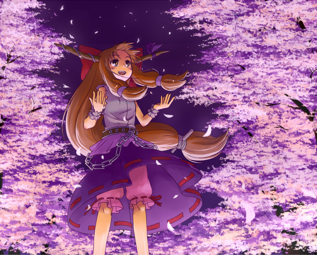 kannari, ibuki suika, touhou, 1girl, chain, cherry blossoms, female focus, horns, long hair, orange hair, outdoors, plant, ribbon, sky, solo, standing, tree