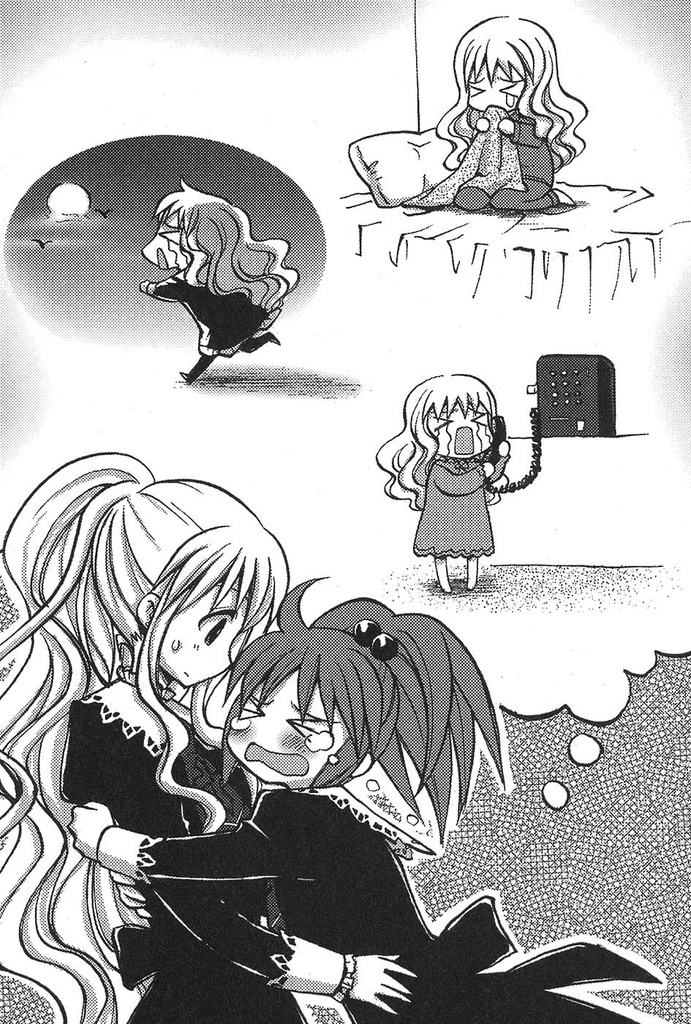 aoi nagisa, hanazono shizuma, strawberry panic!, scan, 00s, 2girls, greyscale, hug, monochrome, multiple girls, pantyhose, tears