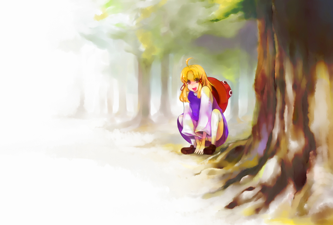 yukizen, moriya suwako, touhou, 1girl, ahoge, female focus, forest, gradient background, hair ribbon, hat, loafers, nature, open mouth, outdoors, plant, ribbon, shoes, solo, squatting, tree, unworn hat, unworn headwear, white background