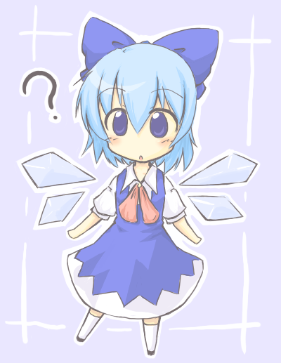 tobi (artist), tobi (nekomata homara), cirno, embodiment of scarlet devil, touhou, 1girl, ?, chibi, dress, female focus, full body, raised eyebrows, solo