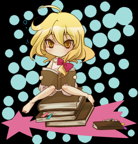 momosuu, sakurai momo (rabbit), kirisame marisa, touhou, lowres, 1girl, blonde hair, bloomers, book, book stack, chibi, female focus, open book, oversized object, reading, sitting, solo, underwear, underwear only