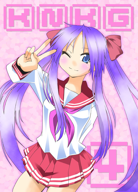 hane (hanegoya), hiiragi kagami, lucky star, 00s, 1girl, ;), arm behind back, arm up, bad anatomy, blue eyes, blush, breasts, closed mouth, cowboy shot, female focus, hair ribbon, long hair, long sleeves, looking at viewer, miniskirt, neckerchief, one eye closed, parted bangs, pink background, pink neckerchief, pleated skirt, purple hair, red ribbon, ribbon, school uniform, serafuku, shirt, sidelocks, skirt, small breasts, smile, solo, standing, tsurime, twintails, v, very long hair, white shirt, wink