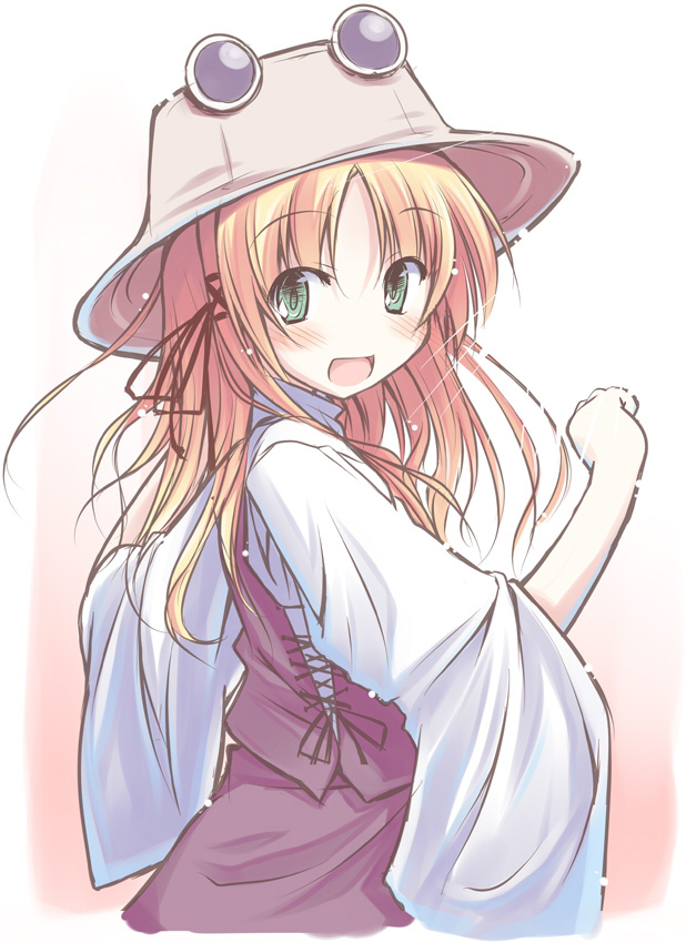 mizoguchi keiji, moriya suwako, touhou, 1girl, :d, blonde hair, blush, female focus, green eyes, hair ribbon, hat, long hair, looking back, open mouth, ribbon, smile, solo, sunlight, wide sleeves