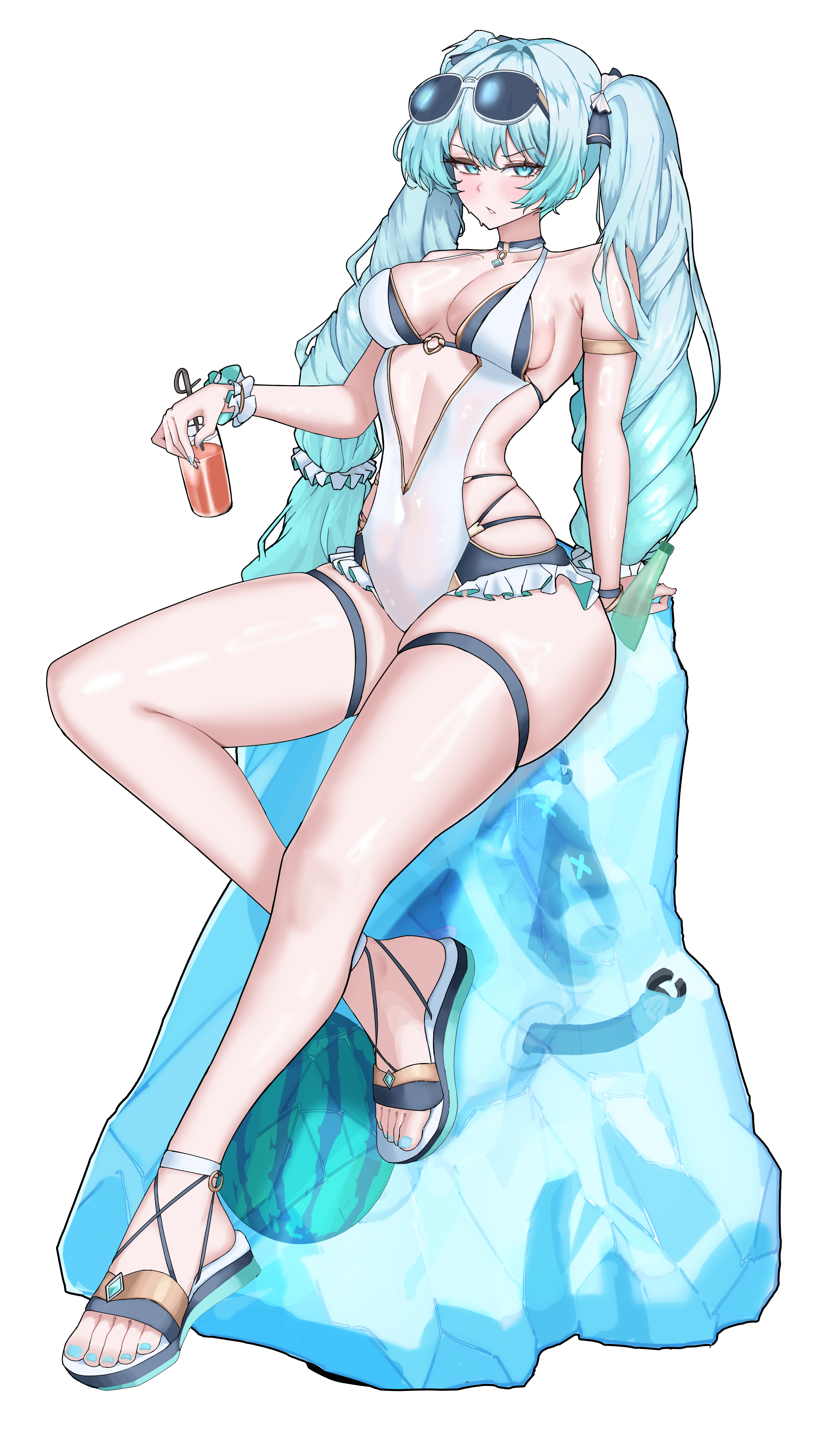 stainlesspanty, elena jarvinen, black survival, eternal return: black survival, absurdres, commentary, highres, 1girl, aqua eyes, aqua hair, arm strap, armpit crease, bare shoulders, black choker, bow, breasts, choker, cleavage, covered navel, drill hair, eyewear on head, food, frilled one-piece swimsuit, frills, fruit, full body, hair bow, holding, ice, long hair, looking at viewer, medium breasts, o-ring, one-piece swimsuit, parted lips, sandals, skindentation, solo, sunglasses, swimsuit, thigh strap, thighs, transparent background, twin drills, twintails, v-shaped eyebrows, very long hair, watermelon, wet, white one-piece swimsuit