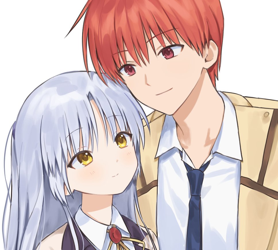 saang2cm, otonashi yuzuru, tachibana kanade, angel beats!, commentary request, korean commentary, 1boy, 1girl, blue necktie, blush, closed mouth, collared shirt, eyes visible through hair, hair between eyes, height difference, jacket, long hair, long sleeves, looking at another, neck ribbon, necktie, open clothes, open jacket, orange hair, portrait, red eyes, ribbon, school uniform, shinda sekai sensen uniform, shirt, short hair, simple background, smile, split mouth, tsurime, upper body, white background, white hair, white shirt, yellow eyes, yellow jacket