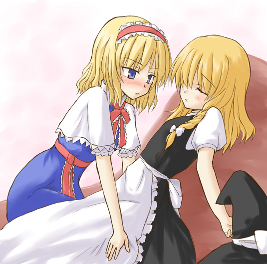yurusuke, alice margatroid, kirisame marisa, touhou, 2girls, :o, apron, bed, black dress, blonde hair, blue dress, blue eyes, blush, bow, bowtie, capelet, closed eyes, dress, female focus, frills, hair over one eye, hair ribbon, hairband, hat, hat ribbon, hug, long hair, lying, multiple girls, open mouth, parted lips, puffy short sleeves, puffy sleeves, ribbon, short hair, short sleeves, sleeping, unworn hat, unworn headwear, waist apron, witch hat, yuri